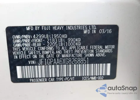 2016 Subaru Impreza 2.0I из США, поврежденный, VIN JF1GPAA6XG8268851